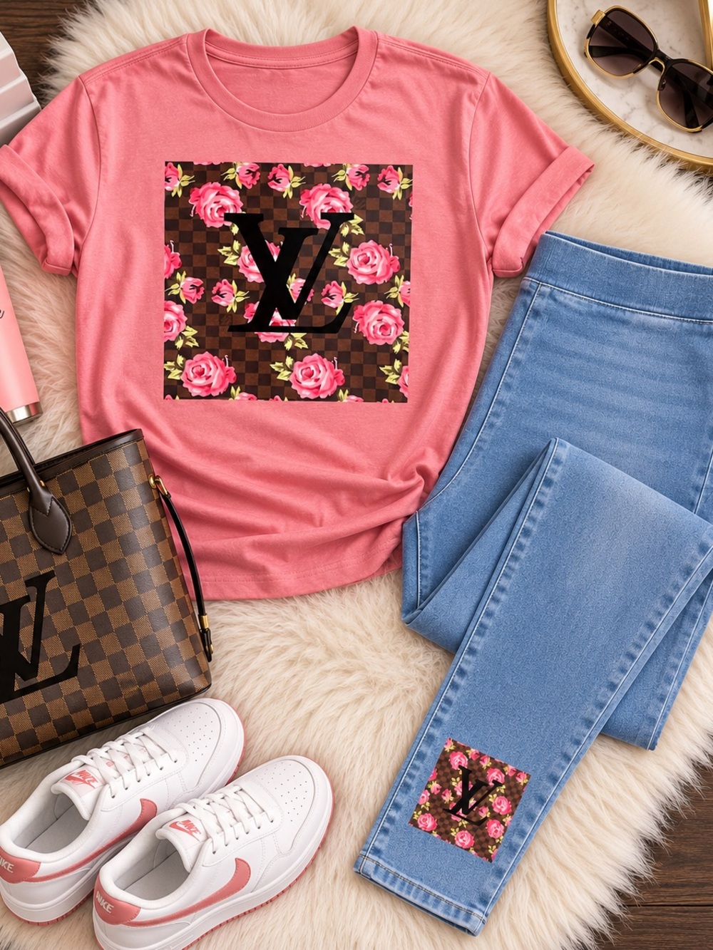 Pink Floral Logo Graphic Tee with Matching Jeggings - Women